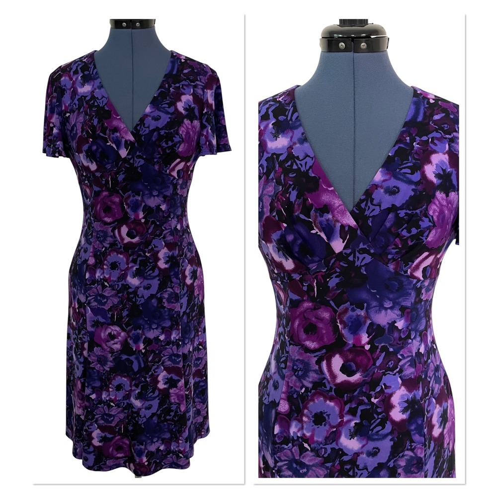 Chaps Women Purple Floral Faux Wrap Short Sleeve A Line Y2K Resortwear S Dress